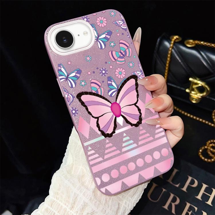 For iPhone 17e / 16e Pink Butterfly Pattern IMD Glitter PC Hybrid TPU Phone Case