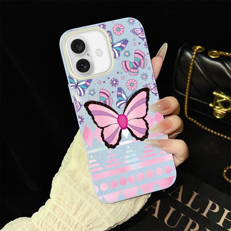 For iPhone 17 Pink Butterfly Pattern IMD Glitter PC Hybrid TPU Phone Case