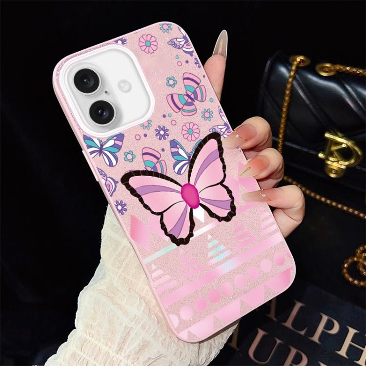 For iPhone 17 Pink Butterfly Pattern IMD Glitter PC Hybrid TPU Phone Case
