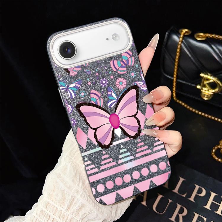 For iPhone Air Pink Butterfly Pattern IMD Glitter PC Hybrid TPU Phone Case