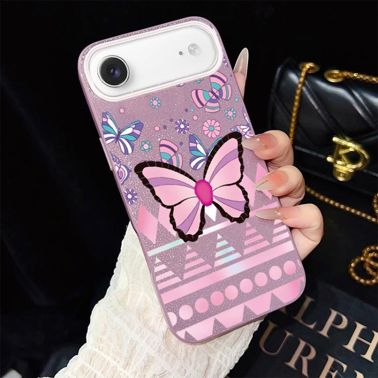 For iPhone Air Pink Butterfly Pattern IMD Glitter PC Hybrid TPU Phone Case
