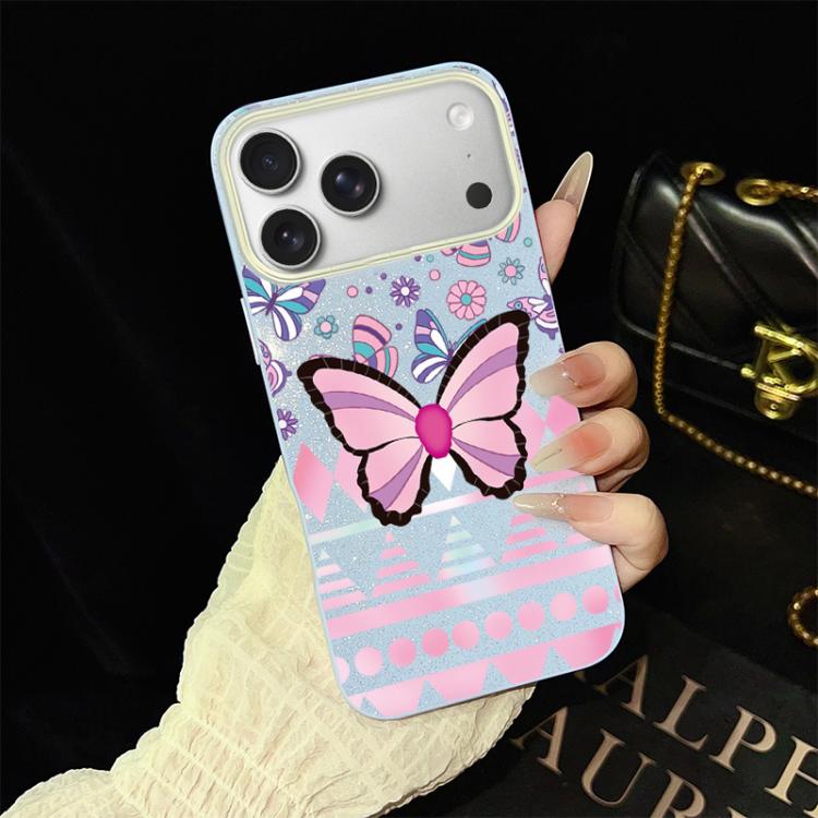 For iPhone 17 Pro Pink Butterfly Pattern IMD Glitter PC Hybrid TPU Phone Case