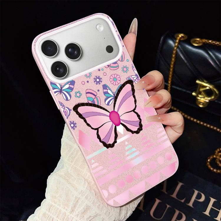 For iPhone 17 Pro Pink Butterfly Pattern IMD Glitter PC Hybrid TPU Phone Case