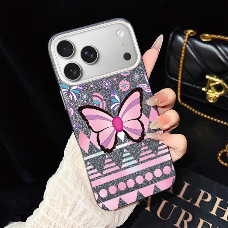 For iPhone 17 Pro Max Pink Butterfly Pattern IMD Glitter PC Hybrid TPU Phone Case