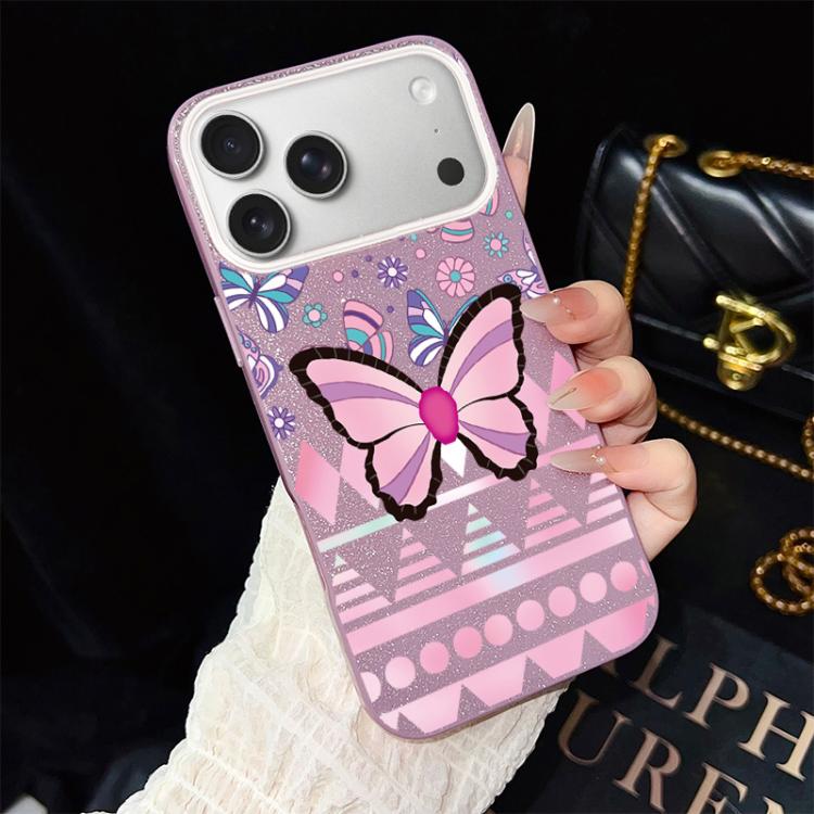 For iPhone 17 Pro Max Pink Butterfly Pattern IMD Glitter PC Hybrid TPU Phone Case