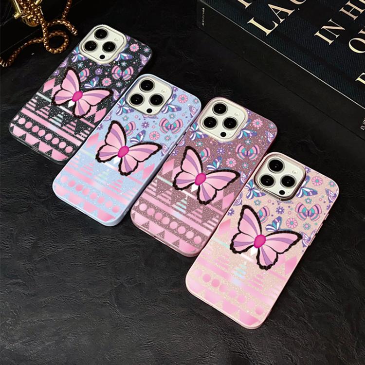 For iPhone 11 Pro Pink Butterfly Pattern IMD Glitter PC Hybrid TPU Phone Case