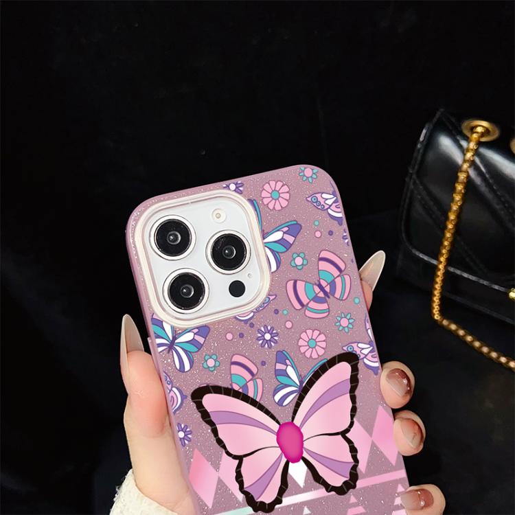For iPhone 11 Pro Pink Butterfly Pattern IMD Glitter PC Hybrid TPU Phone Case