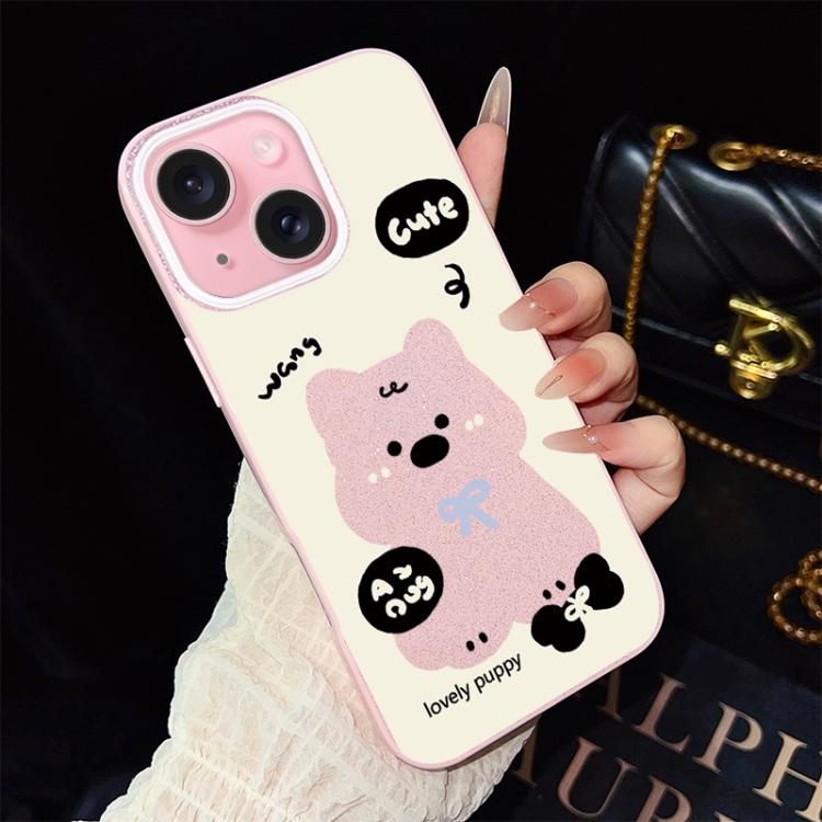 For iPhone 15 Lovely Puppy Pattern IMD Glitter PC Hybrid TPU Phone Case