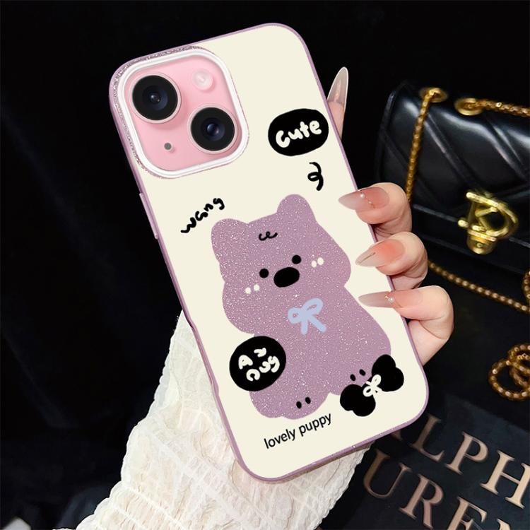 For iPhone 15 Lovely Puppy Pattern IMD Glitter PC Hybrid TPU Phone Case