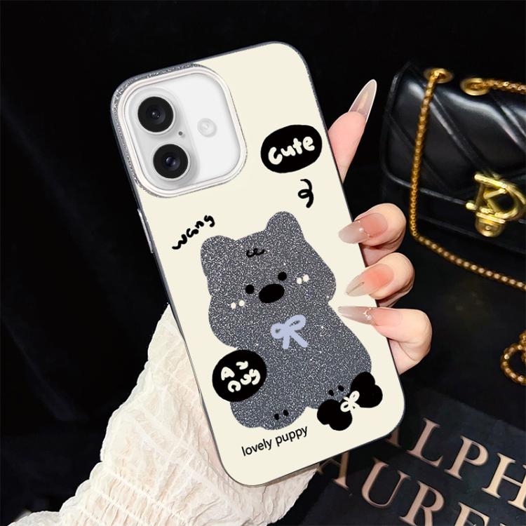 For iPhone 16 Plus Lovely Puppy Pattern IMD Glitter PC Hybrid TPU Phone Case