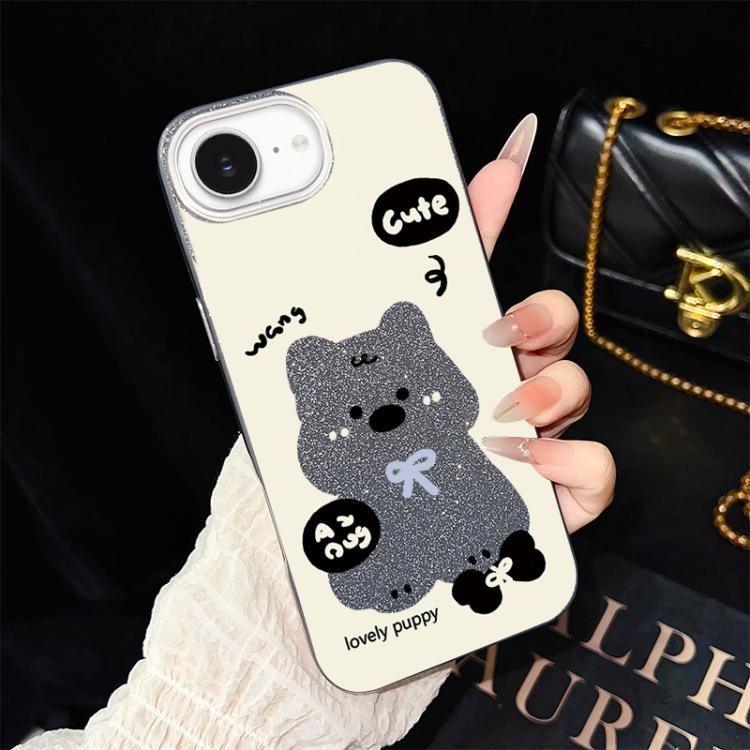 For iPhone 17e / 16e Lovely Puppy Pattern IMD Glitter PC Hybrid TPU Phone Case