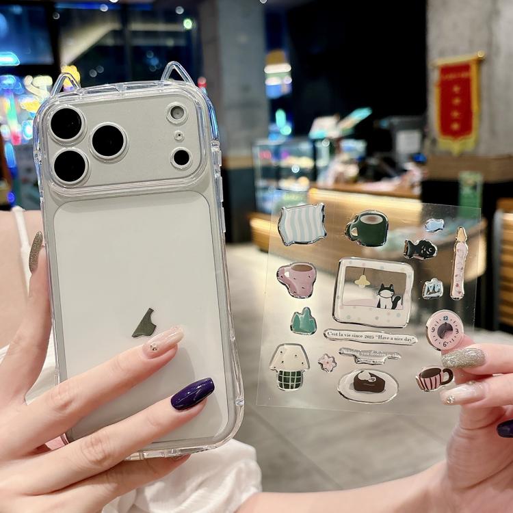 For iPhone 17 Pro Cat-Ear Style Transparent PC Phone Case with Resin Sticker