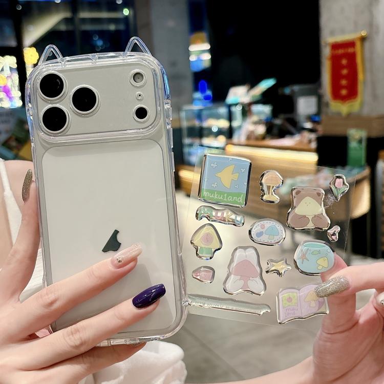 For iPhone 17 Pro Cat-Ear Style Transparent PC Phone Case with Resin Sticker