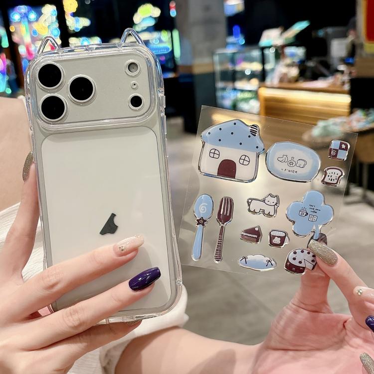 For iPhone 17 Pro Cat-Ear Style Transparent PC Phone Case with Resin Sticker