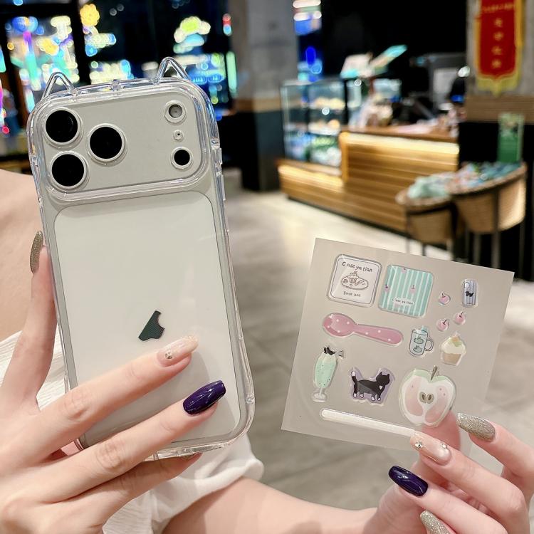 For iPhone 17 Pro Cat-Ear Style Transparent PC Phone Case with Resin Sticker