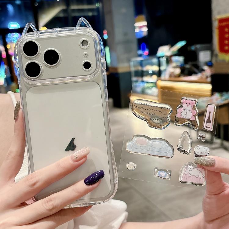 For iPhone 17 Pro Cat-Ear Style Transparent PC Phone Case with Resin Sticker