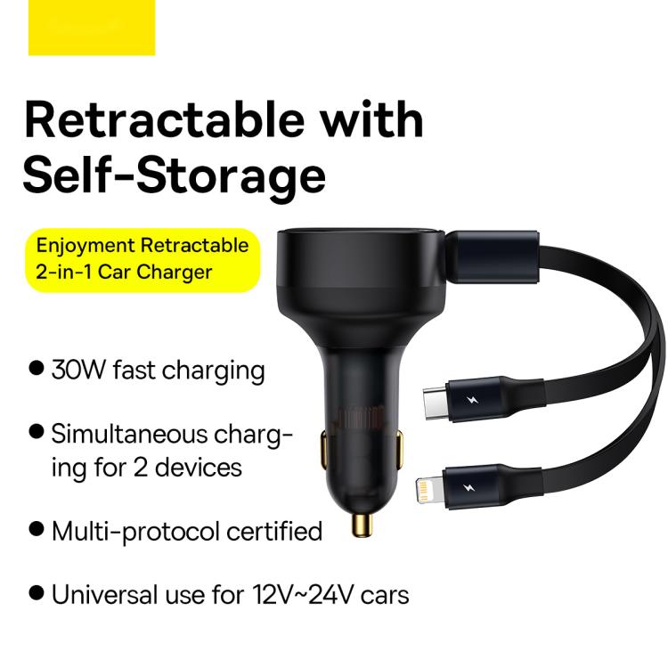 Baseus Enjoyment Series 33W 2 in 1 Dual Type-C Retractable Cable Car Charger - Black