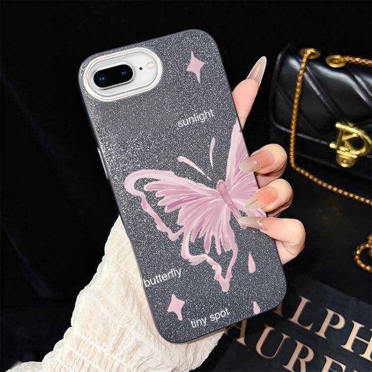 For iPhone 8 Plus / 7 Plus Pink Stars Butterfly Pattern IMD Glitter PC Hybrid TPU Phone Case