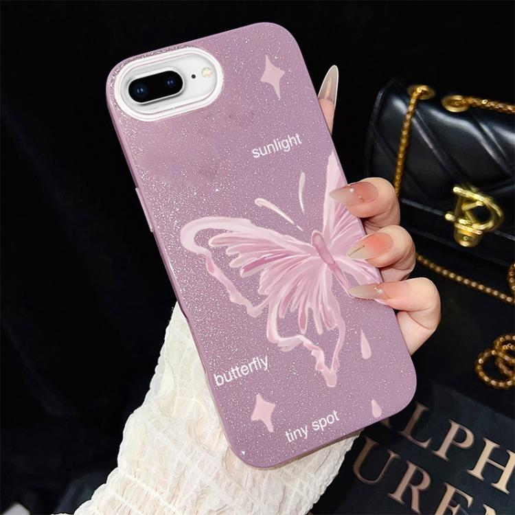 For iPhone 8 Plus / 7 Plus Pink Stars Butterfly Pattern IMD Glitter PC Hybrid TPU Phone Case