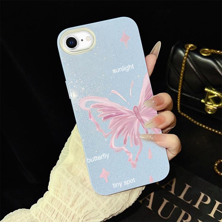 For iPhone SE 2022 / SE 2020 Pink Stars Butterfly Pattern IMD Glitter PC Hybrid TPU Phone Case