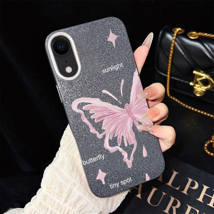 For iPhone XR Pink Stars Butterfly Pattern IMD Glitter PC Hybrid TPU Phone Case