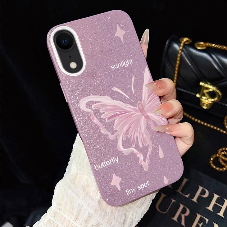 For iPhone XR Pink Stars Butterfly Pattern IMD Glitter PC Hybrid TPU Phone Case