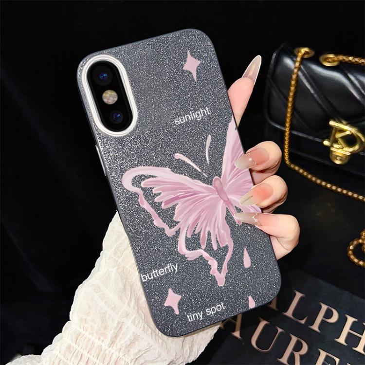 For iPhone XS Max Pink Stars Butterfly Pattern IMD Glitter PC Hybrid TPU Phone Case