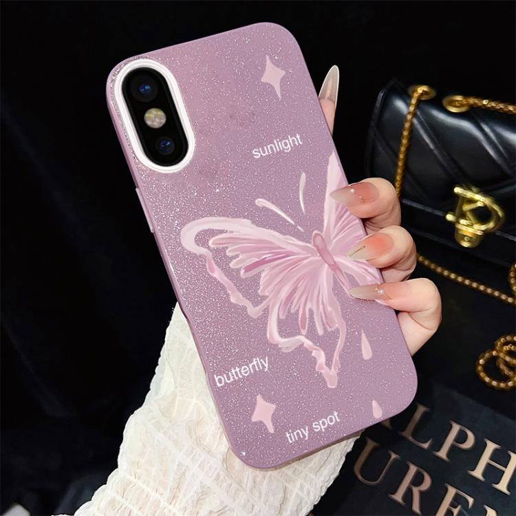 For iPhone XS Max Pink Stars Butterfly Pattern IMD Glitter PC Hybrid TPU Phone Case