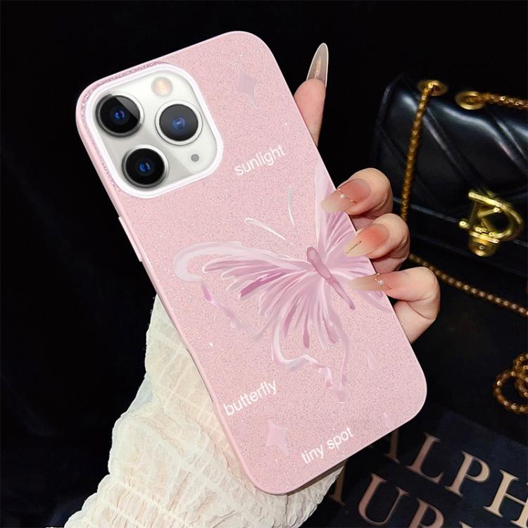 For iPhone 11 Pro Pink Stars Butterfly Pattern IMD Glitter PC Hybrid TPU Phone Case