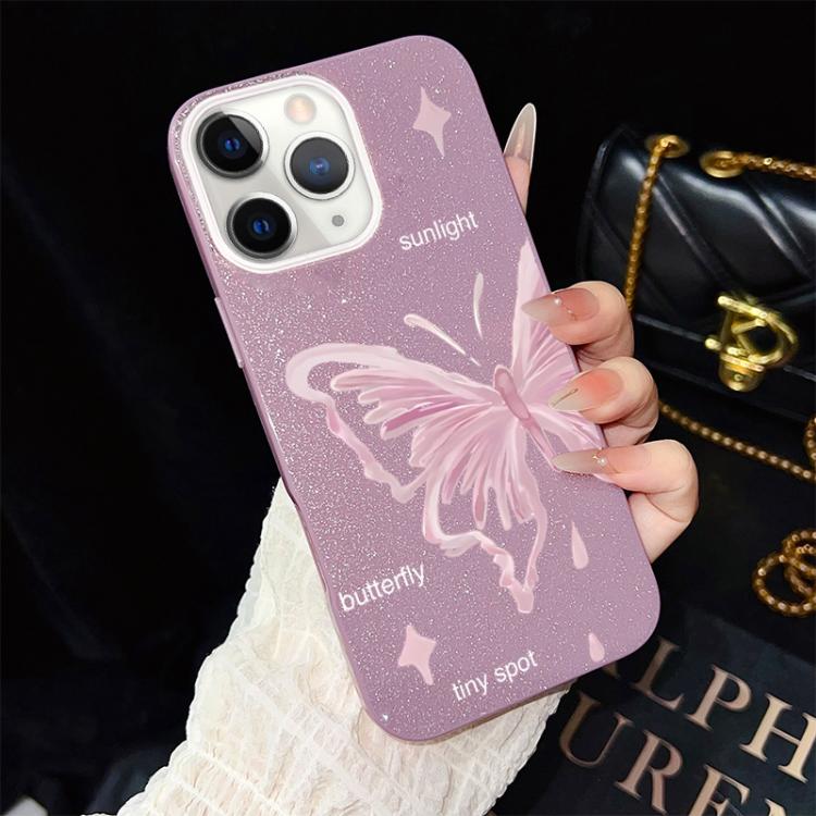 For iPhone 11 Pro Pink Stars Butterfly Pattern IMD Glitter PC Hybrid TPU Phone Case