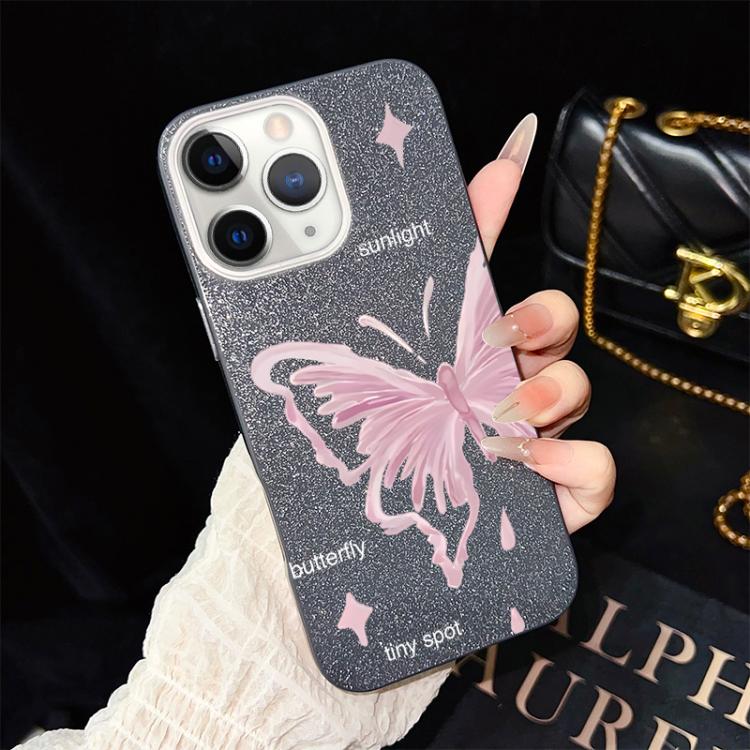 For iPhone 11 Pro Max Pink Stars Butterfly Pattern IMD Glitter PC Hybrid TPU Phone Case