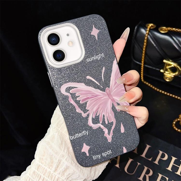 For iPhone 12 Pink Stars Butterfly Pattern IMD Glitter PC Hybrid TPU Phone Case