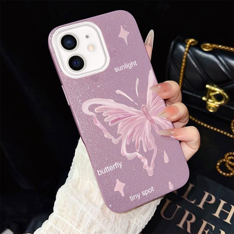 For iPhone 12 Pink Stars Butterfly Pattern IMD Glitter PC Hybrid TPU Phone Case