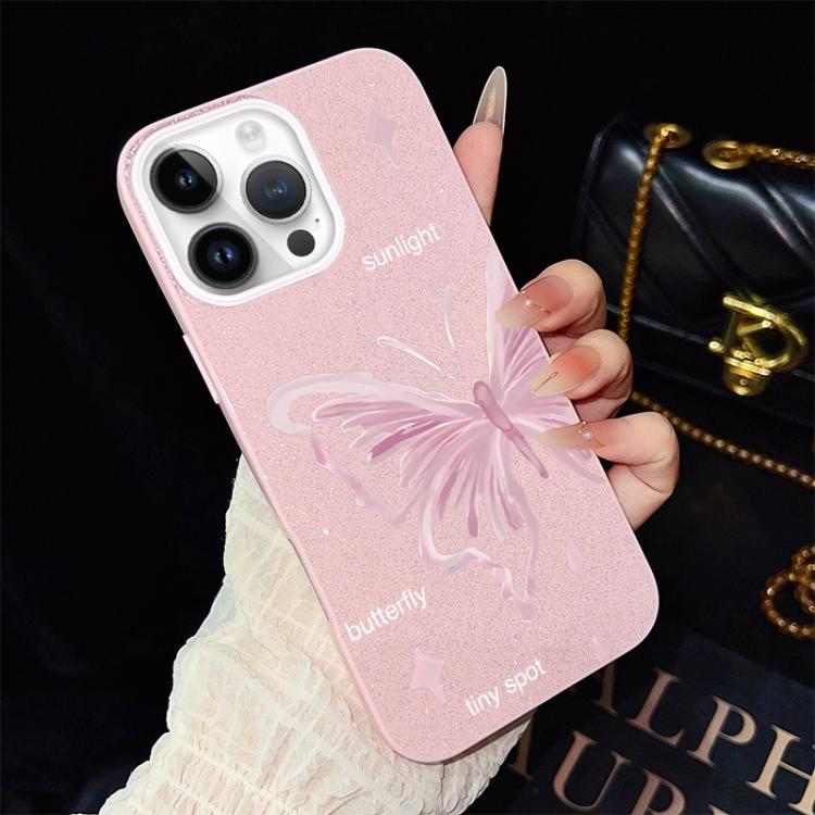 For iPhone 13 Pro Pink Stars Butterfly Pattern IMD Glitter PC Hybrid TPU Phone Case