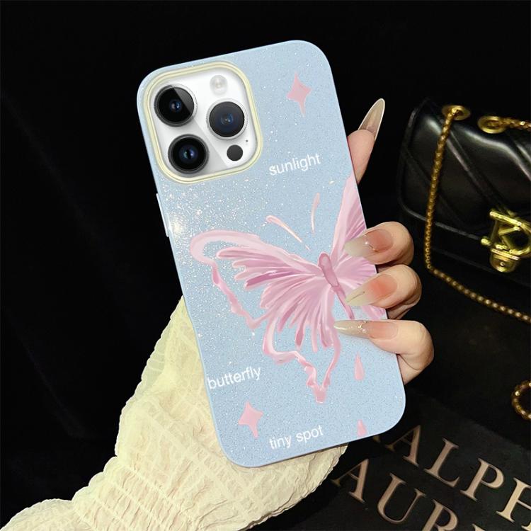 For iPhone 13 Pro Max Pink Stars Butterfly Pattern IMD Glitter PC Hybrid TPU Phone Case