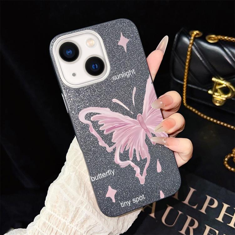 For iPhone 14 Pink Stars Butterfly Pattern IMD Glitter PC Hybrid TPU Phone Case