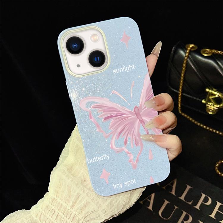 For iPhone 14 Pink Stars Butterfly Pattern IMD Glitter PC Hybrid TPU Phone Case