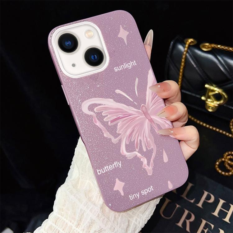 For iPhone 14 Pink Stars Butterfly Pattern IMD Glitter PC Hybrid TPU Phone Case