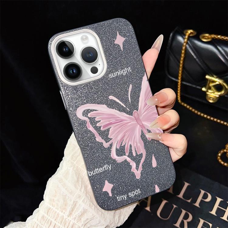 For iPhone 14 Pro Pink Stars Butterfly Pattern IMD Glitter PC Hybrid TPU Phone Case