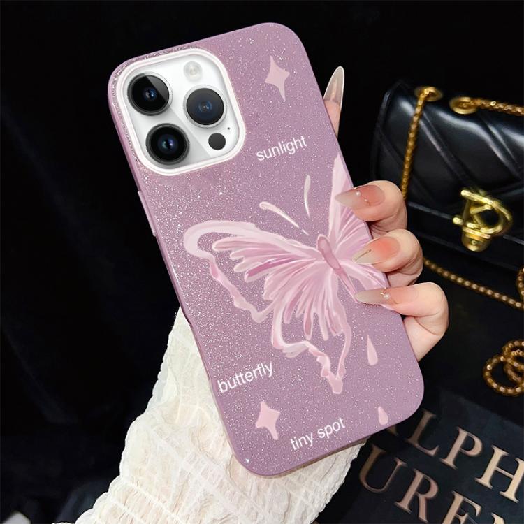 For iPhone 14 Pro Pink Stars Butterfly Pattern IMD Glitter PC Hybrid TPU Phone Case