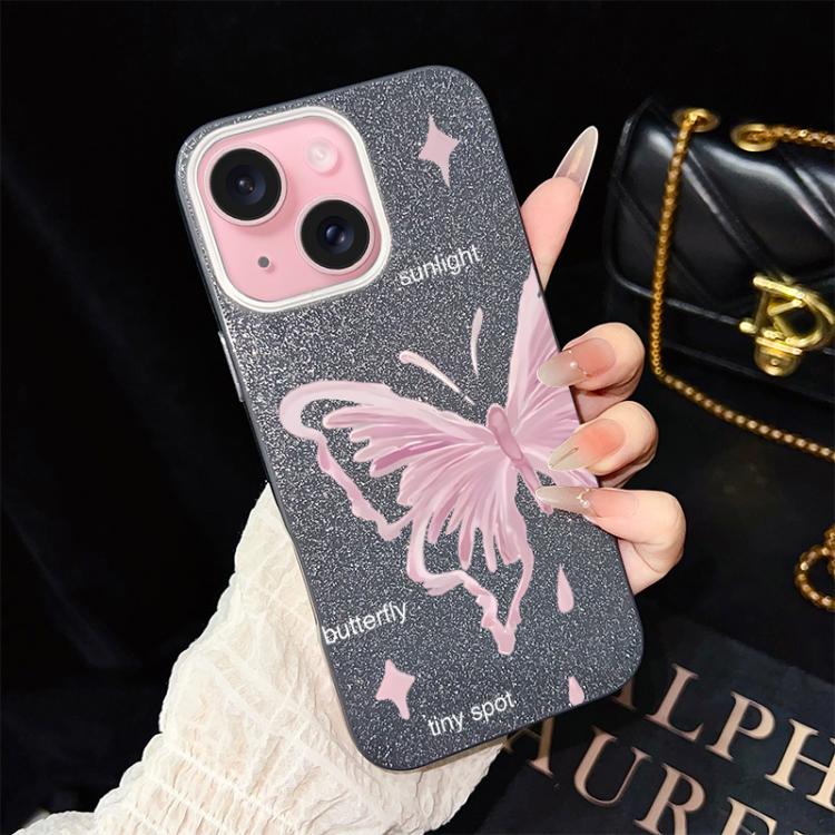For iPhone 15 Pink Stars Butterfly Pattern IMD Glitter PC Hybrid TPU Phone Case