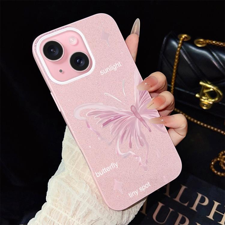 For iPhone 15 Pink Stars Butterfly Pattern IMD Glitter PC Hybrid TPU Phone Case