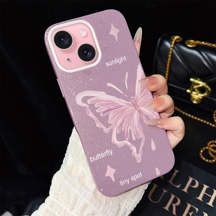 For iPhone 15 Pink Stars Butterfly Pattern IMD Glitter PC Hybrid TPU Phone Case
