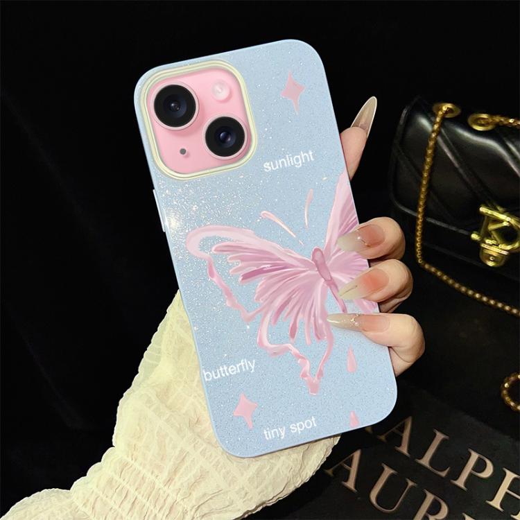 For iPhone 15 Plus Pink Stars Butterfly Pattern IMD Glitter PC Hybrid TPU Phone Case