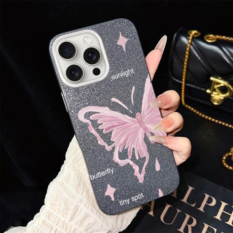 For iPhone 15 Pro Pink Stars Butterfly Pattern IMD Glitter PC Hybrid TPU Phone Case
