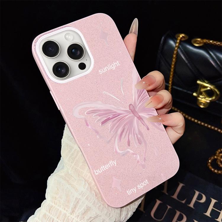 For iPhone 15 Pro Max Pink Stars Butterfly Pattern IMD Glitter PC Hybrid TPU Phone Case