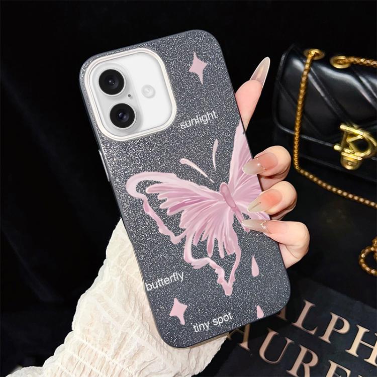 For iPhone 16 Pink Stars Butterfly Pattern IMD Glitter PC Hybrid TPU Phone Case
