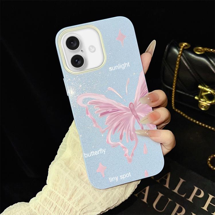 For iPhone 16 Plus Pink Stars Butterfly Pattern IMD Glitter PC Hybrid TPU Phone Case