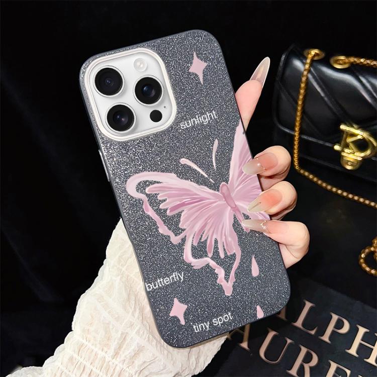 For iPhone 16 Pro Pink Stars Butterfly Pattern IMD Glitter PC Hybrid TPU Phone Case