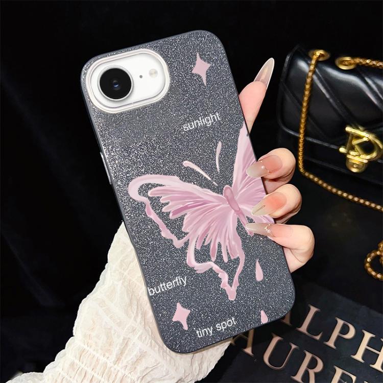 For iPhone 17e / 16e Pink Stars Butterfly Pattern IMD Glitter PC Hybrid TPU Phone Case